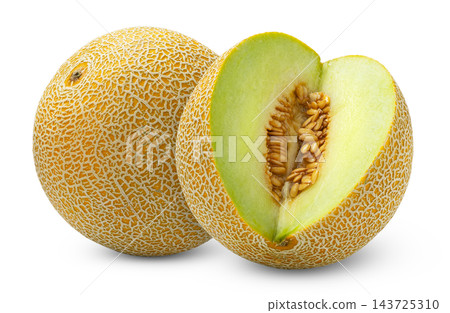 Juicy muskmelon and sliced cantaloupe melon isolated on white background. Juicy muskmelon and sliced cantaloupe melon isolated on white background. 143725310