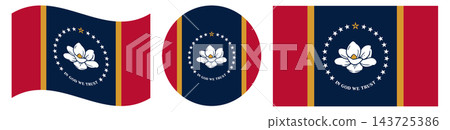 New Flag of Mississippi collection. Round flag of Mississippi isolated in circle shape, waving flag. New Flag of Mississippi collection. Round flag of Mississippi isolated in circle shape, waving flag. 143725386