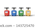 Small Portable LPG Gas Cylinders with Camping Stove Burner in Four Colors Isolated, 3D Render 143725470