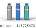 Large 48 kg LPG Gas Cylinders in Grey, Blue and Green Isolated, 3D Render 143725472