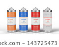 Butane Gas Canisters for Portable Camping Stoves in Four Colors Isolated, 3D Render 143725473