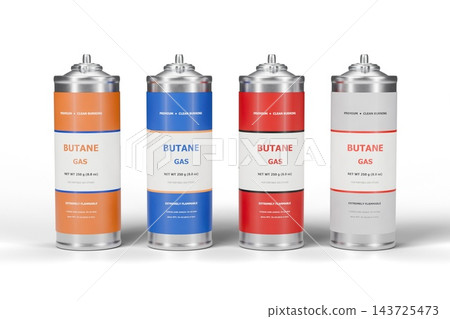 Butane Gas Canisters for Portable Camping Stoves in Four Colors Isolated, 3D Render Butane Gas Canisters for Portable Camping Stoves in Four Colors Isolated, 3D Render 143725473