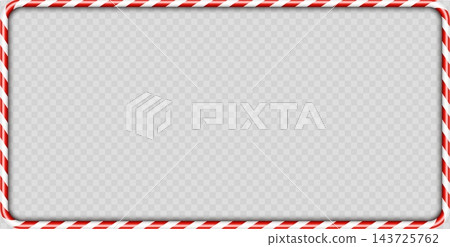 Christmas candy cane rectangular frame with rounded corners, glossy red and white peppermint striped border on transparent background, festive holiday template for greeting card, banner or invitation 143725762