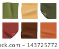 Fabric swatch mockup vector set with realistic woven textile samples in earthy autumn colors, cloth patches with zigzag cut edges, soft folds and curled corners for fashion material presentation 143725772