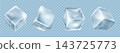 Realistic transparent ice cubes in different perspectives, glossy frozen water blocks with frosty blue light refraction, detailed 3D vector elements for cold drinks, cocktails, beverage advertising 143725773