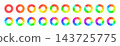Rainbow circular pie chart and donut wheel vector set with colorful segmented spectrum rings, chromatic infographic diagrams, hue progression palettes and multicolor isolated elements 143725775