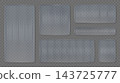Ribbed frosted glass panel vector set with rounded rectangular translucent cards, fluted striped texture and realistic glossy blur effect, isolated transparent UI overlays for web and app design 143725777