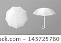 White umbrella mockup vector template with open canopy in top and front view, realistic blank rain parasol isolated on gray background for branding presentation, product design and print preview 143725780