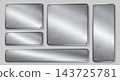 Brushed steel plaque collection with realistic riveted metal plates, rectangular silver sign panels and blank industrial labels in square, horizontal and vertical formats. Isolated vector set 143725781