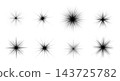 Stippled starburst elements with dotted radial sparkles, grainy halftone bursts and abstract black particle flares, monochrome spray stars for celestial accents, glow effects. Vector isolated set 143725782
