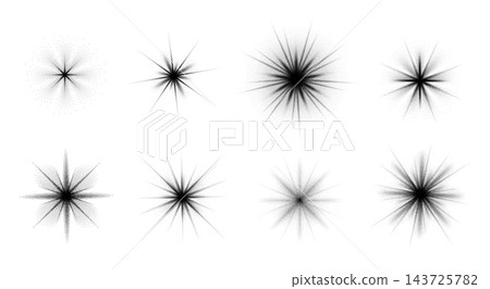 Stippled starburst elements with dotted radial sparkles, grainy halftone bursts and abstract black particle flares, monochrome spray stars for celestial accents, glow effects. Vector isolated set Stippled starburst elements with dotted radial sparkles, grainy halftone bursts and abstract black particle flares, monochrome spray stars for celestial accents, glow effects. Vector isolated set 143725782