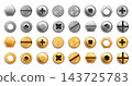 Realistic gold and silver fastener hardware collection with screws, bolts, nuts, washers, rivets and multiple drive heads for construction and repair design. Vector isolated set 143725783