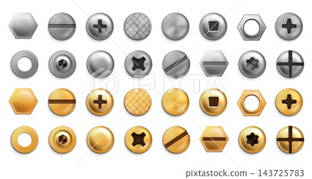 Realistic gold and silver fastener hardware collection with screws, bolts, nuts, washers, rivets and multiple drive heads for construction and repair design. Vector isolated set Realistic gold and silver fastener hardware collection with screws, bolts, nuts, washers, rivets and multiple drive heads for construction and repair design. Vector isolated set 143725783