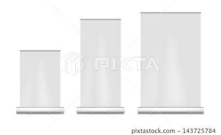 Realistic blank roll up banner stand set in small medium and large sizes, front view retractable display mockup for exhibition, trade show, advertising and presentation. Isolated vector 3d template Realistic blank roll up banner stand set in small medium and large sizes, front view retractable display mockup for exhibition, trade show, advertising and presentation. Isolated vector 3d template 143725784