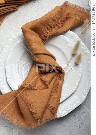 Knotted Terracotta Fringed Linen Napkin Place Setting Knotted Terracotta Fringed Linen Napkin Place Setting 143725968