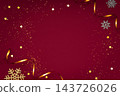 Elegant burgundy Christmas background with gold glitter snowflake, silver snowflakes, gold serpentine ribbon and star confetti, copy space for luxury card, invitation, advertising 143726026