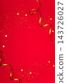 Vertical red Christmas background with gold serpentine ribbon, star confetti and glitter, large copy space for greeting card, invitation, New Year poster, social media 143726027