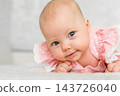 Baby girl 5-6 months old in pink clothes lies on tummy at home, smiles and looks at camera, cheerful portrait with blue eyes 143726040