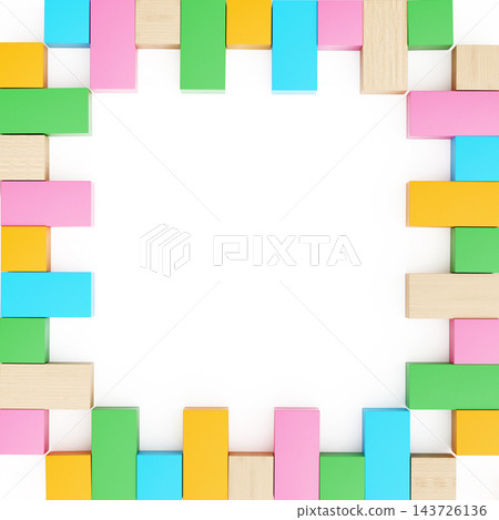 Square Geometric Frame Made of Colorful and Wooden Toy Blocks on White Background with Copy Space Square Geometric Frame Made of Colorful and Wooden Toy Blocks on White Background with Copy Space 143726136