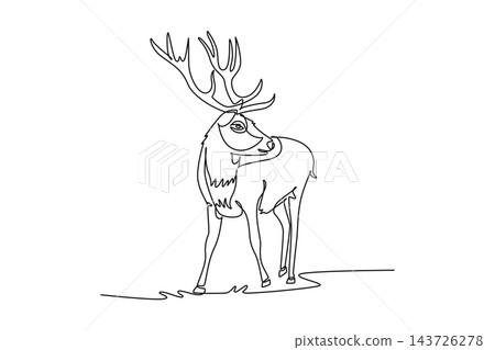 Single one line drawing wild deer or stag standing gracefully in open grassy clearing while turning its head back, elaborate branching antlers. Continuous line draw design graphic vector illustration 143726278