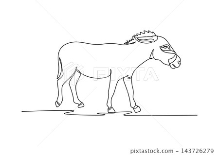 Single one line drawing wild donkey or burro walking across open savanna, its large upright ears, bristled mane, bowed head, and slender legs. Continuous line draw design graphic vector illustration Single one line drawing wild donkey or burro walking across open savanna, its large upright ears, bristled mane, bowed head, and slender legs. Continuous line draw design graphic vector illustration 143726279