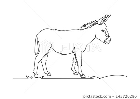 Continuous one line drawing a wild donkey standing peacefully in side profile, its upright ears, bristled mane, calm expression, and sturdy hooves. Single line draw design vector graphic illustration 143726280
