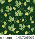 Green Hops and Leaves Seamless Pattern with Splatter on Dark Green Background 143726505