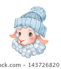 Cute Baby Sheep Illustration Wearing a Blue Knitted Winter Hat 143726820