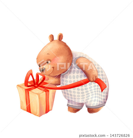 Cute Teddy Baby Illustration Giving a Wrapped Gift 143726826