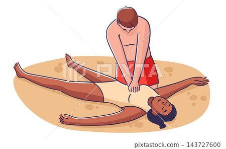 Lifeguard Performing CPR On Beach Cartoon Lifeguard Performing CPR On Beach Cartoon 143727600