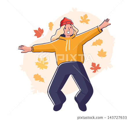 Woman Jumping In Autumn Leaves Cartoon Woman Jumping In Autumn Leaves Cartoon 143727633