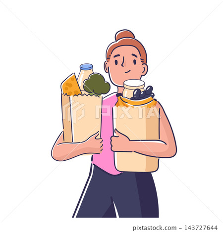 Woman Carrying Grocery Bags Cartoon Woman Carrying Grocery Bags Cartoon 143727644