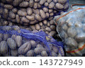 Organic Farming Concept with Potatoes and Onions in Vintage Burlap Bag Against Rustic Mud 143727949