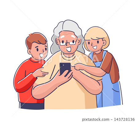 Grandparent Using Smartphone With Kids Cartoon Grandparent Using Smartphone With Kids Cartoon 143728136