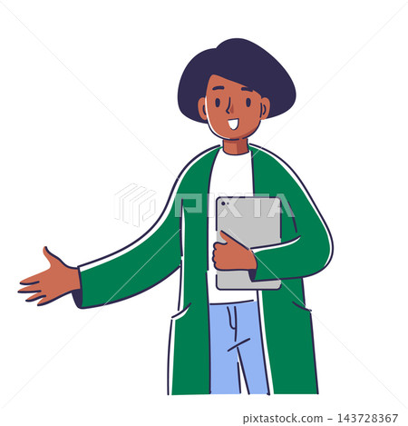 Teacher Presenting With Tablet Cartoon 143728367