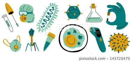 Microbiology Lab Virus Equipment Set Cartoon Microbiology Lab Virus Equipment Set Cartoon 143728470