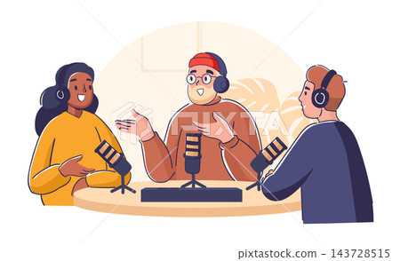 Podcast Hosts Recording Roundtable Cartoon Podcast Hosts Recording Roundtable Cartoon 143728515