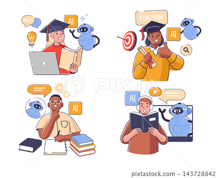 Student Learning With AI Assistant Cartoon Student Learning With AI Assistant Cartoon 143728842