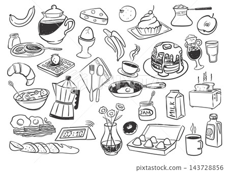 Breakfast Food Doodle Set Line Art 143728856