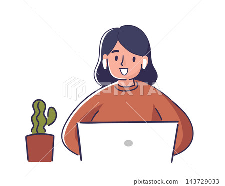 Woman Working On Laptop Cartoon Style Woman Working On Laptop Cartoon Style 143729033