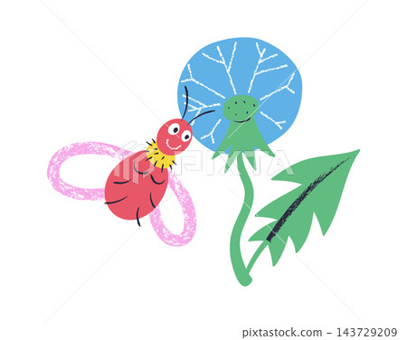 Bee Visiting Dandelion Hand Drawn 143729209