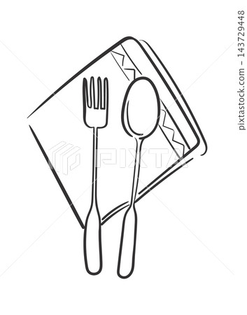 Fork And Spoon On Napkin Line Art Fork And Spoon On Napkin Line Art 143729448