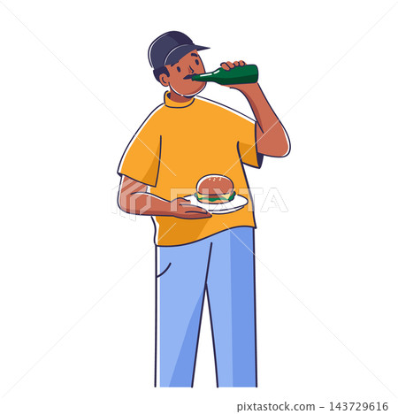 Man Eating Burger And Soda Cartoon 143729616