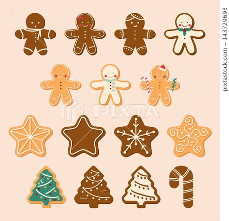 Cute Christmas gingerbread cookies with smiling faces, icing decorations, stars, Christmas trees, and a candy cane in warm pastel colors on a peach background. Cute Christmas gingerbread cookies with smiling faces, icing decorations, stars, Christmas trees, and a candy cane in warm pastel colors on a peach background. 143729693