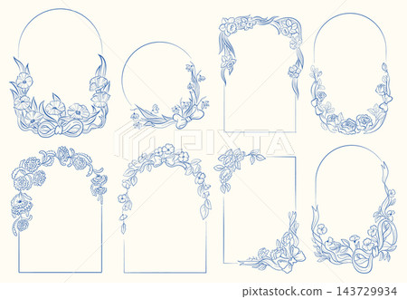 Floral Frame Set With Blooming Borders Line Art Floral Frame Set With Blooming Borders Line Art 143729934