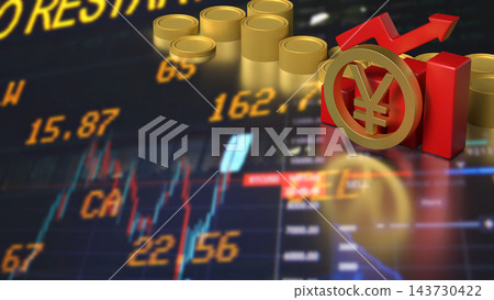 Japanese Yen Symbol with Rising Chart and Gold Coins 3d render. Japanese Yen Symbol with Rising Chart and Gold Coins 3d render. 143730422