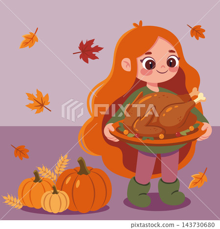 Cute young girl holding a freshly baked roasted turkey for thanksgiving family dinner, illustration for autumn holiday celebration and harvest feast concept Cute young girl holding a freshly baked roasted turkey for thanksgiving family dinner, illustration for autumn holiday celebration and harvest feast concept 143730680