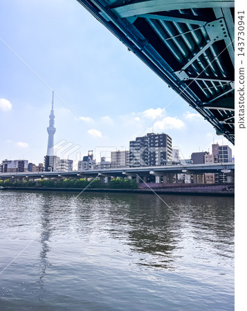 從橋下可以欣賞到東京晴空塔和隅田川的城市景觀。 143730941