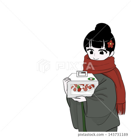 一位穿著和服的女子提著聖誕蛋糕回家。 143731189