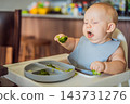Baby exploring an unfamiliar taste during a broccoli meal. 143731276